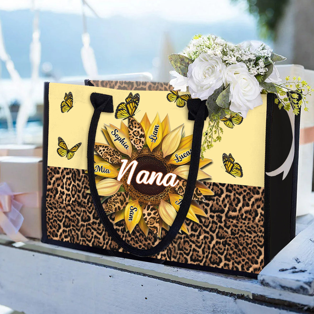 Nana Mom Auntie Family Sunflower Butterflies - Personalized Grandma Canvas Tote Bag