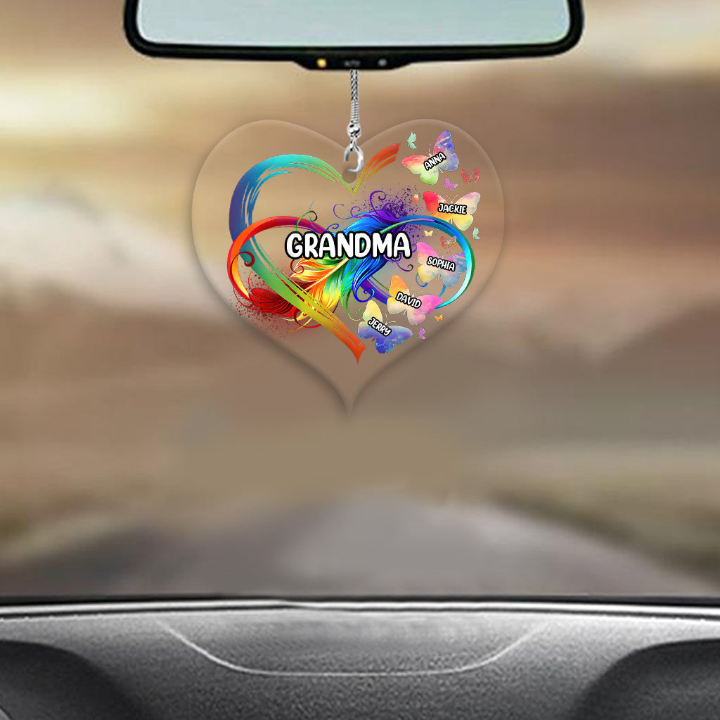 Grandma Colorful Heart Infinite Feather Butterfly - Personalized Grandma Transparent Car Ornament