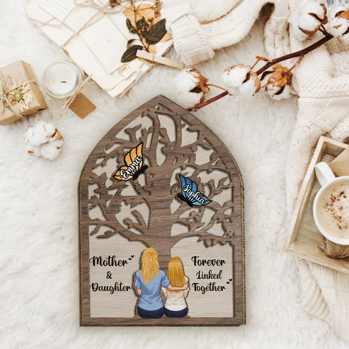 Mother And Daughter And Son Forever Linked Together Butterflies - Personalized Mother 2 Layered Wood Sign / Wood Plaque