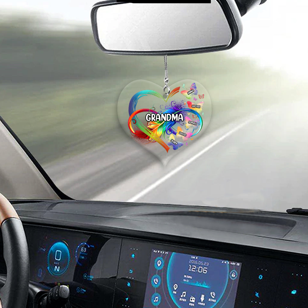 Grandma Colorful Heart Infinite Feather Butterfly - Personalized Grandma Transparent Car Ornament