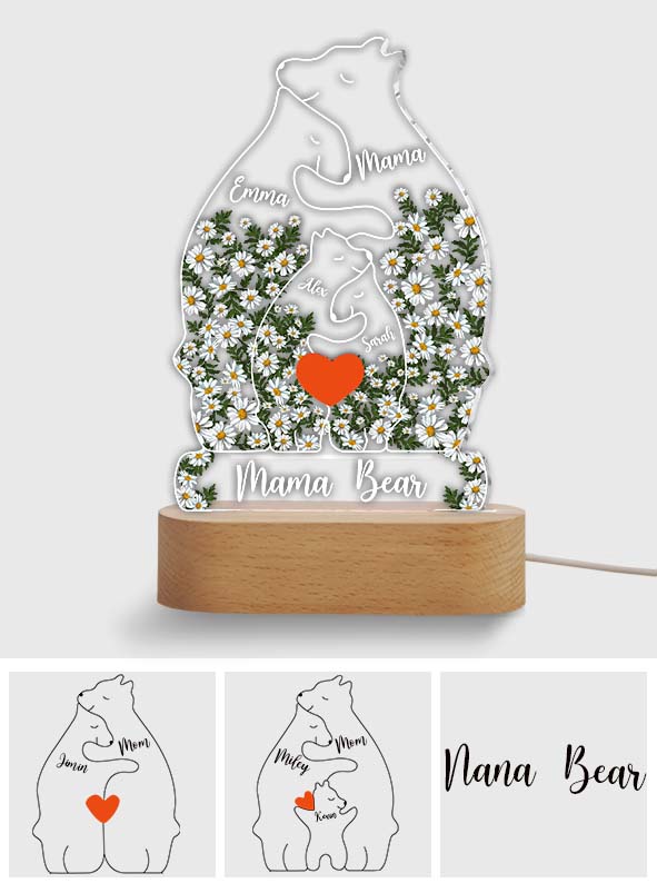Floral Mama Bear And Cubs Hugging - Personalized Mother Shaped Plaque Light Base