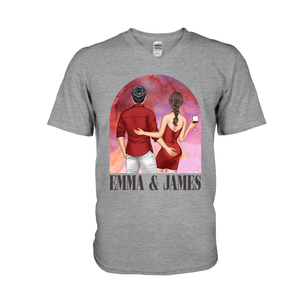 Pink Movie Background Couple - Personalized Couple T-shirt And Hoodie