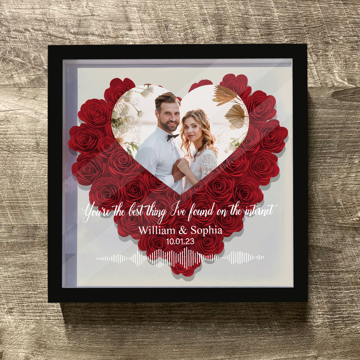 Custom Photo, Names, Date, Message And Soundwave - Personalized Couple Flower Shadow Box