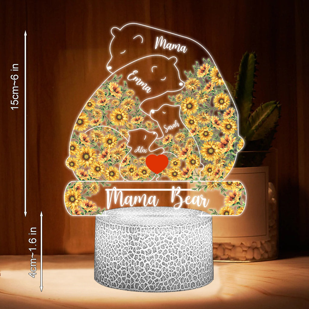Mama Bear Sunflower - Personalized Mother Shaped Plaque Light Base