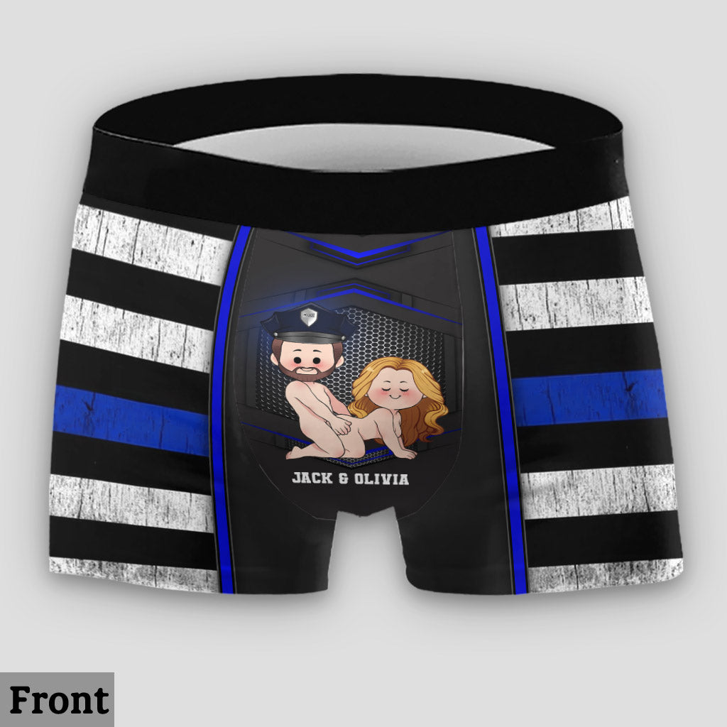 Ich liebe die Polizei – Personalisierte Damen-Slips und Herren-Boxershorts mit Polizeimotiv-Spitzenbordüre