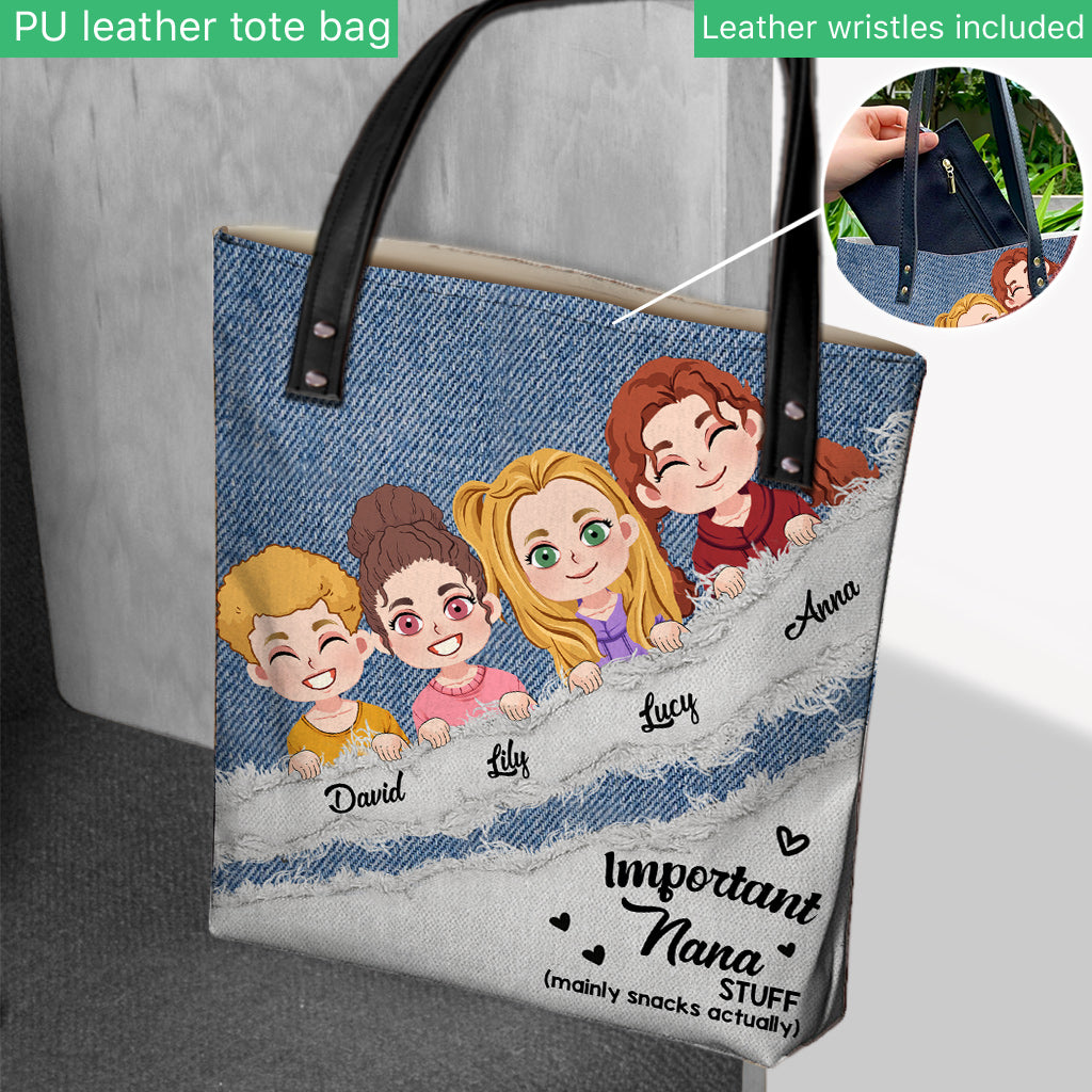 Important Nana Stuff Denim Pattern - Personalized Grandma Tote Bag