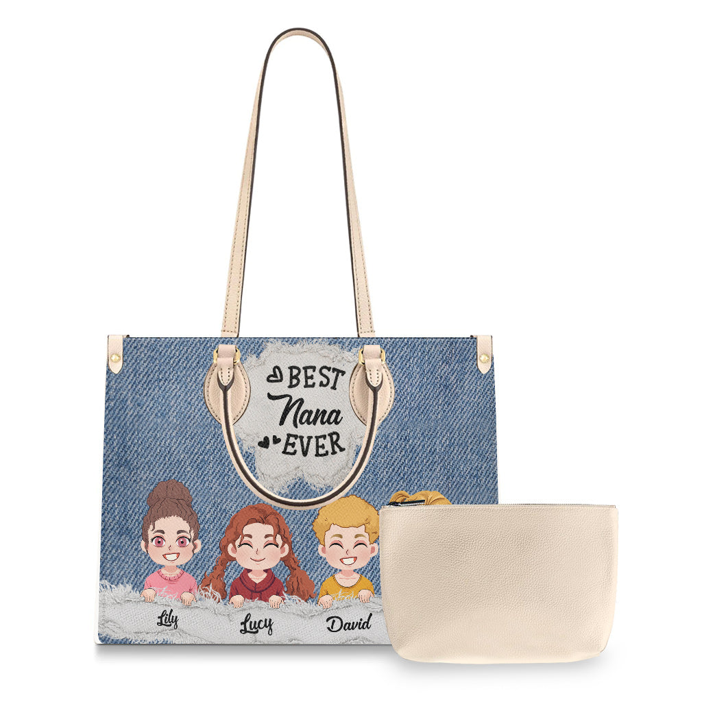 Best Nana Ever Denim Pattern - Personalized Grandma Leather Handbag