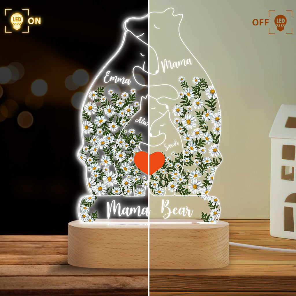 Floral Mama Bear And Cubs Hugging - Personalized Mother Shaped Plaque Light Base