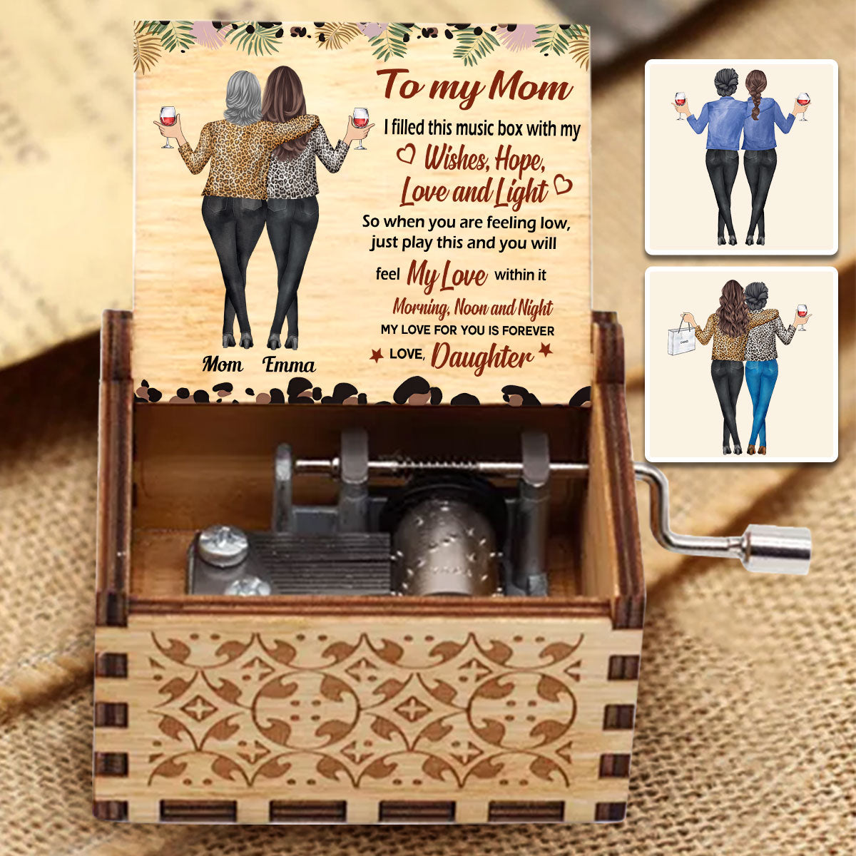 To My Mom Grandma Daughter Granddaughter Leopard - Personalized Mother Hand Crank Music Box