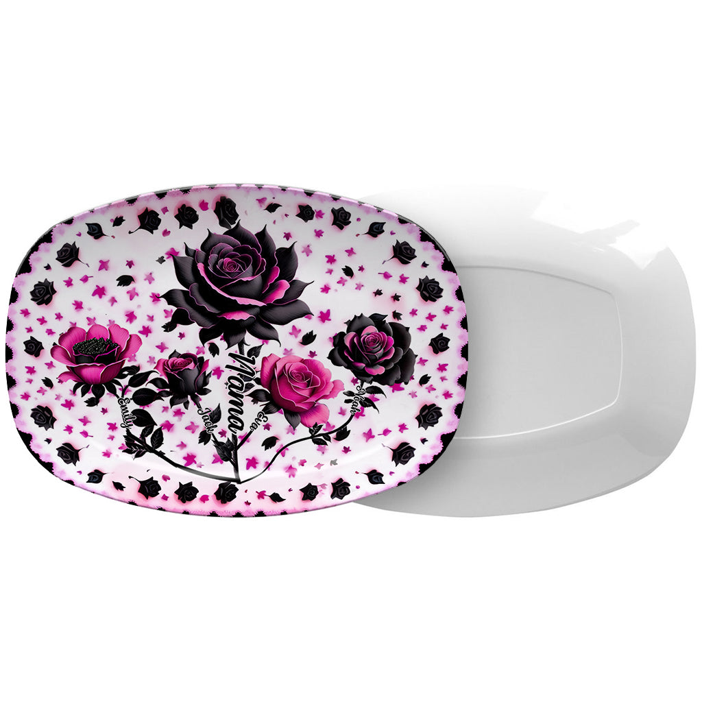 Mother Grandma And Children Black And Pink Roses - Personalized Grandma Plate