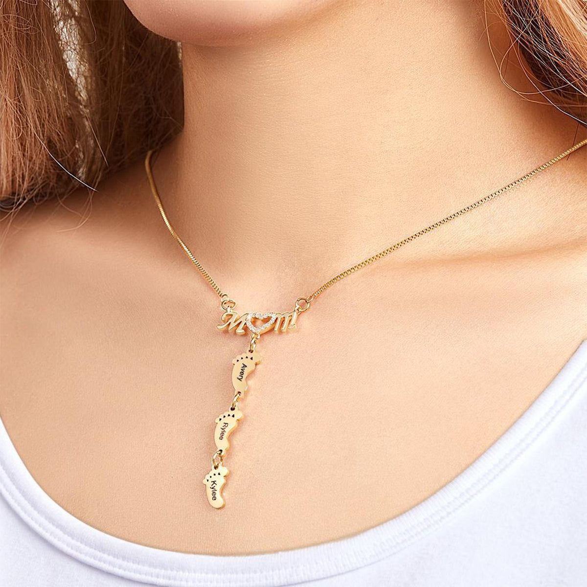 Custom Name Baby Feet - Personalized Mother Engraved Baby Feet Mom Necklace