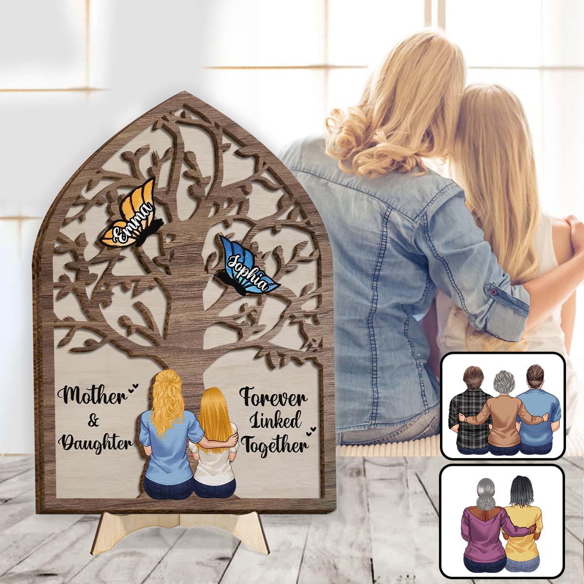 Mother And Daughter And Son Forever Linked Together Butterflies - Personalized Mother 2 Layered Wood Sign / Wood Plaque