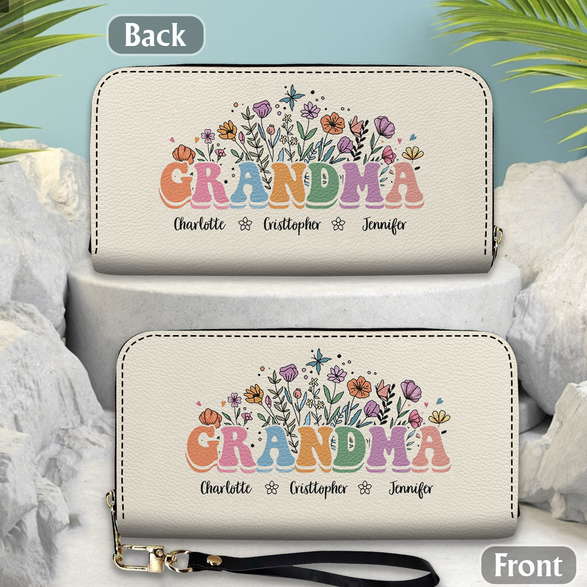 Portefeuille long en cuir personnalisé « Maman Grand-mère Floral »