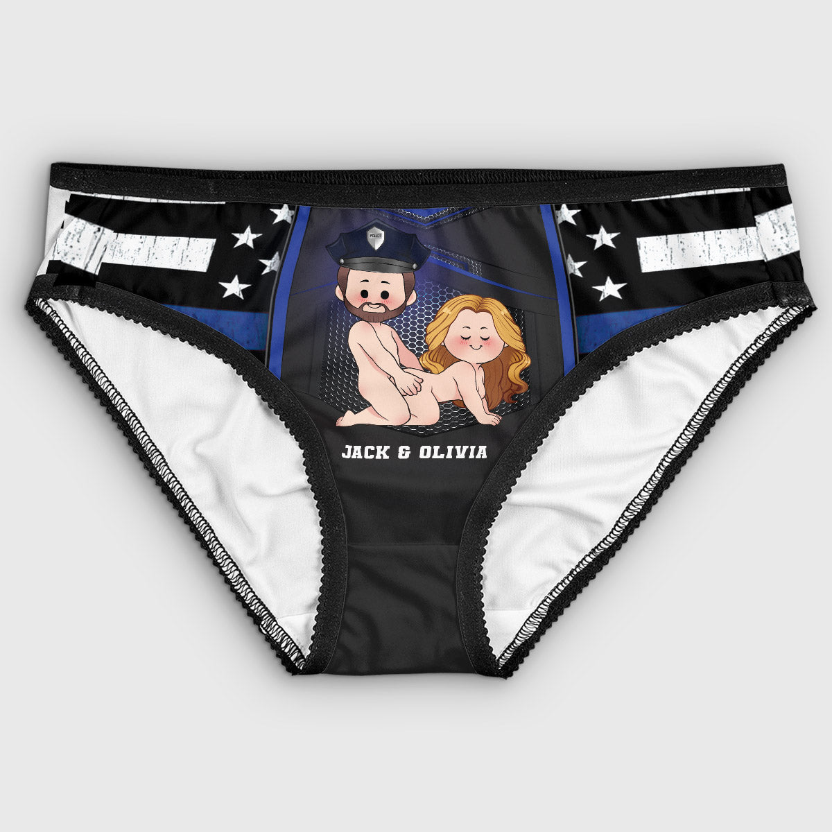 Ich liebe die Polizei – Personalisierte Damen-Slips und Herren-Boxershorts mit Polizeimotiv-Spitzenbordüre