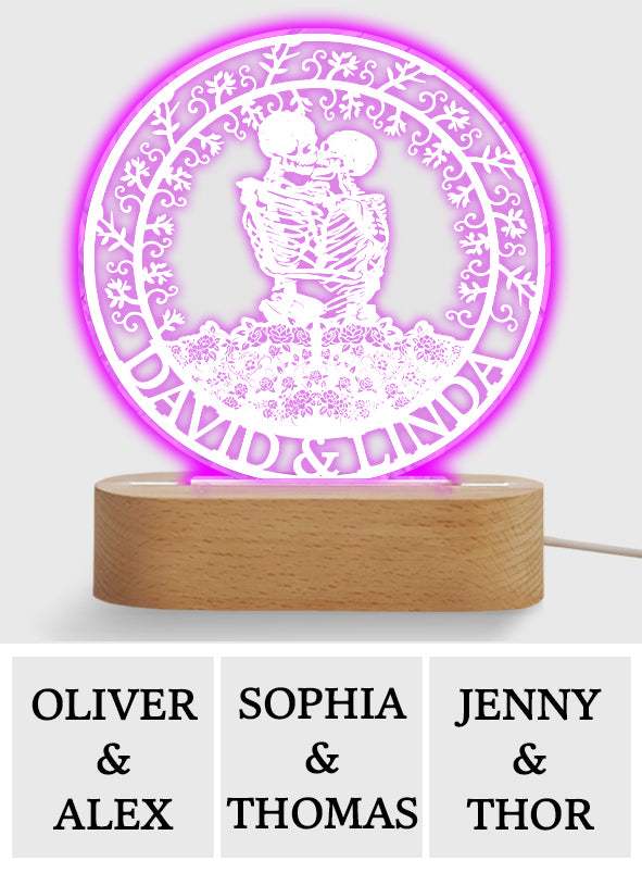 Custom Skeleton Couple Kissing With Roses - Personalized Skull Shaped Plaque Light Base