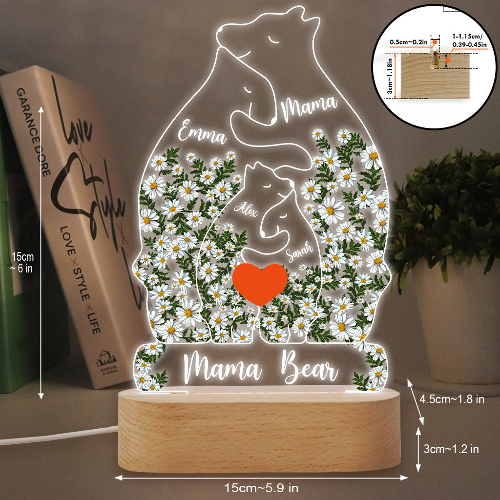 Floral Mama Bear And Cubs Hugging - Personalized Mother Shaped Plaque Light Base