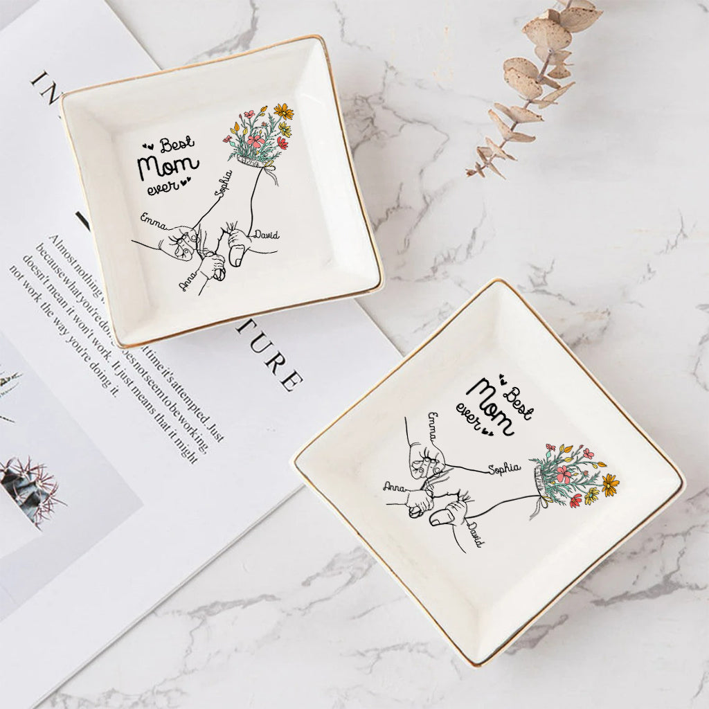 Mom And Children Hands Line Art - Personalized Mother Jewelry Dish