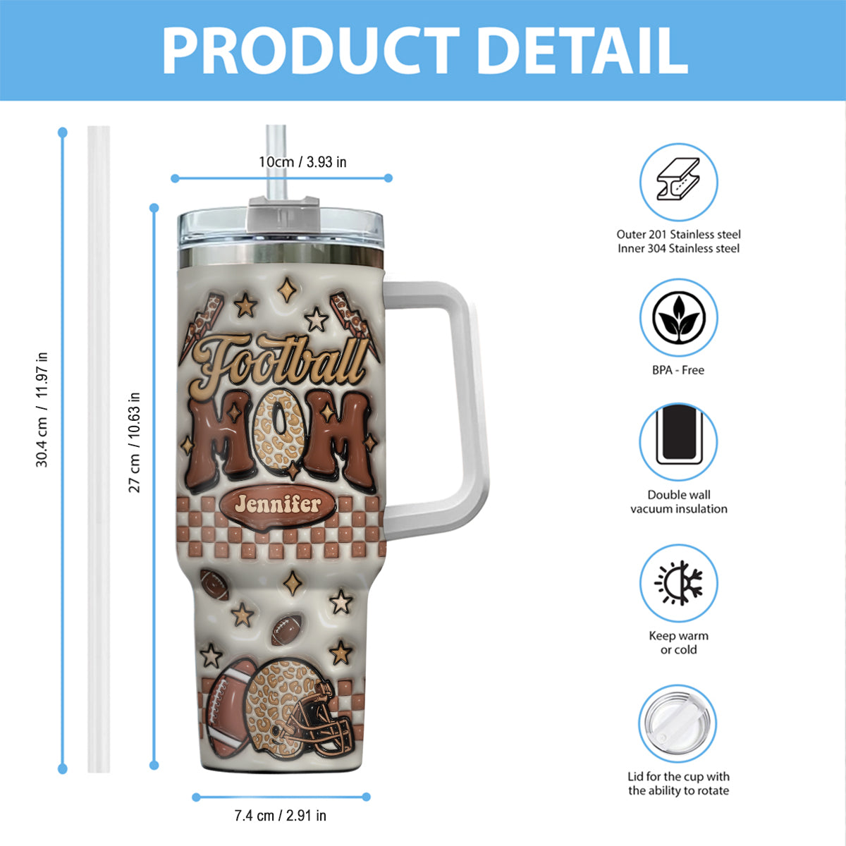 Football Mom - Personalized Football Tumbler With Handle