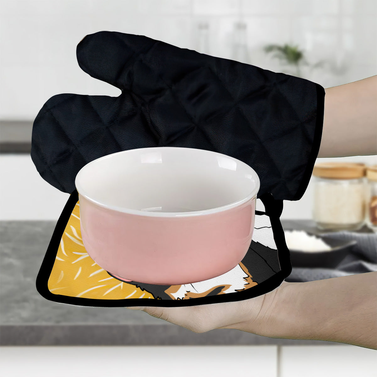 L'ingrédient secret ? Les poils de chat ! – Ensemble de maniques et de gants de cuisine personnalisés à l'effigie de chats