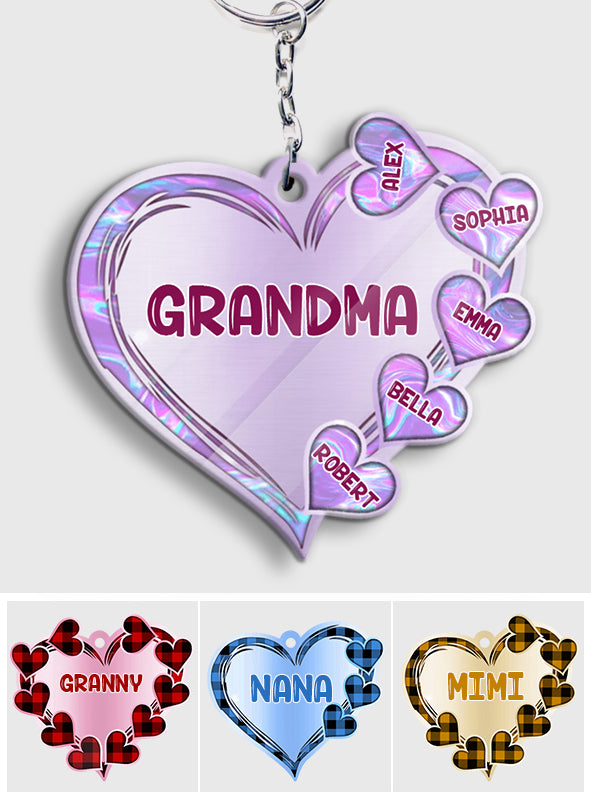 Grandma Heart Hologram Buffalo Plaid - Personalized Grandma Keychain