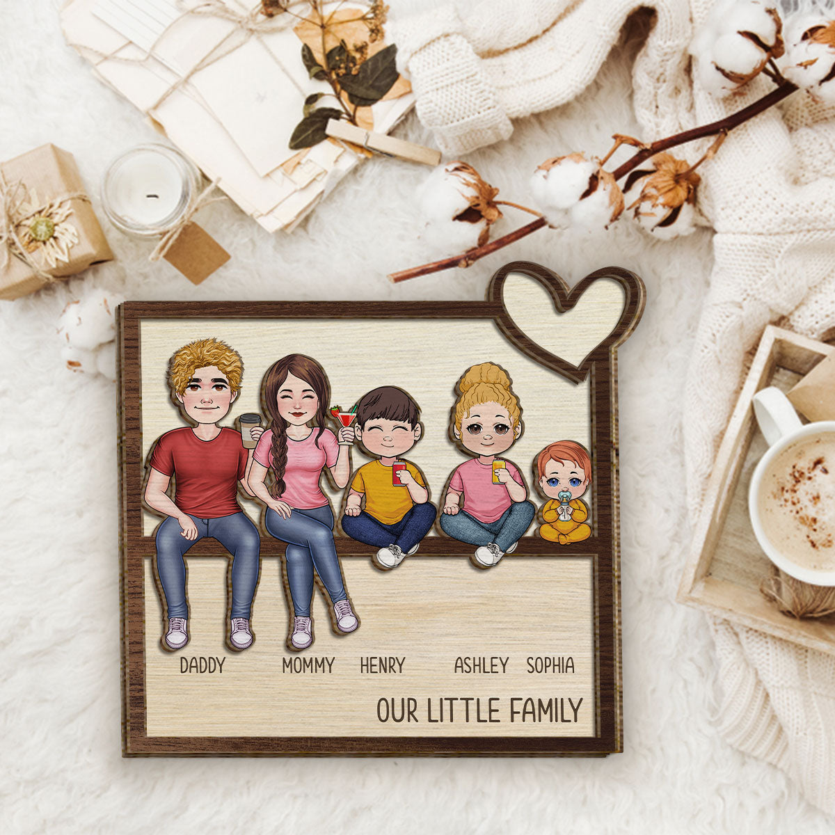 Notre petite famille - Panneau/plaque en bois personnalisé(e) à 2 couches