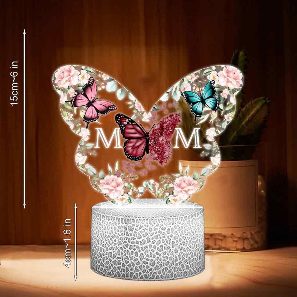 Mother And Children Butterflies - Personalized Mother Shaped Plaque Light Base