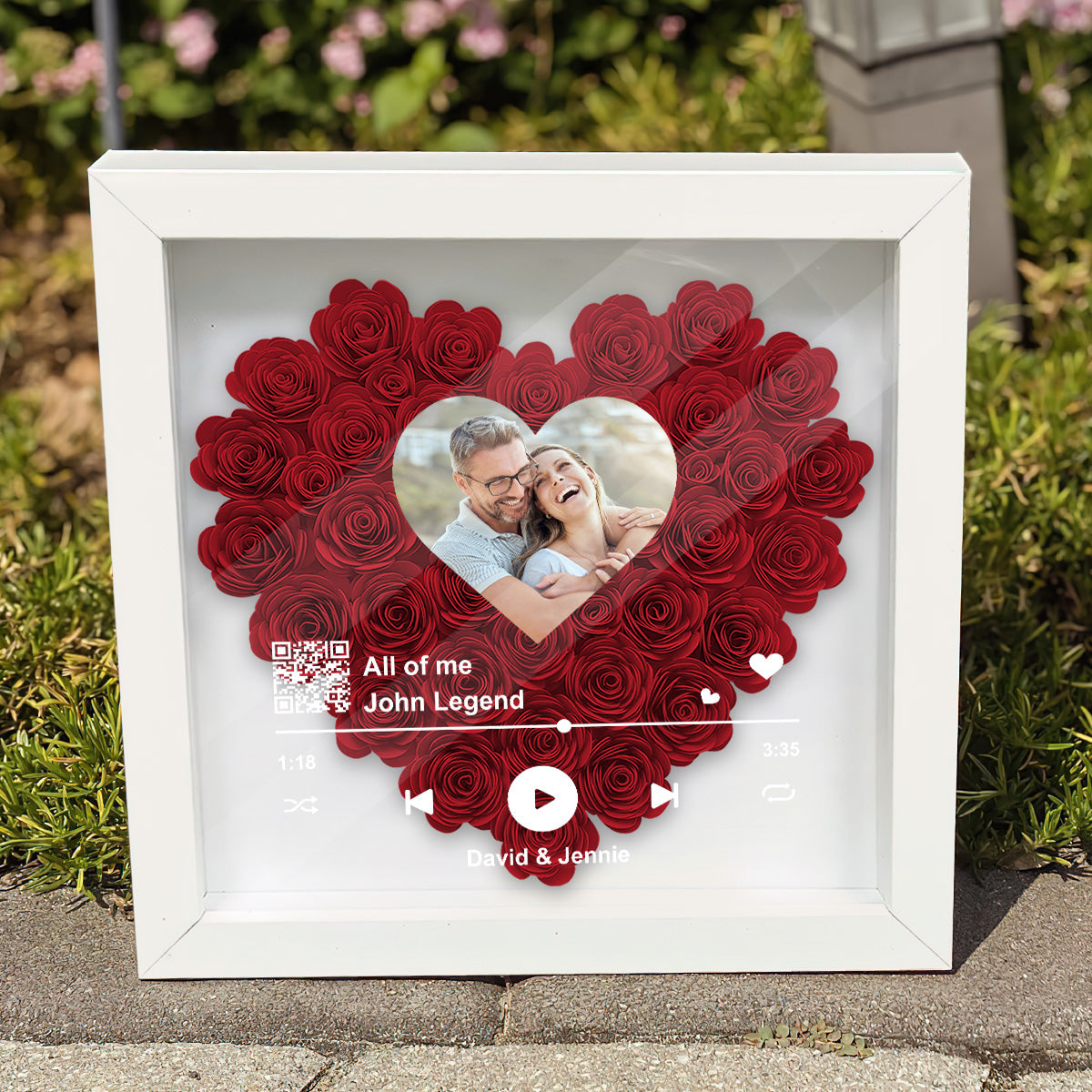 Custom Photo Scannable QR Code Favorite Song - Personalized Couple Flower Shadow Box