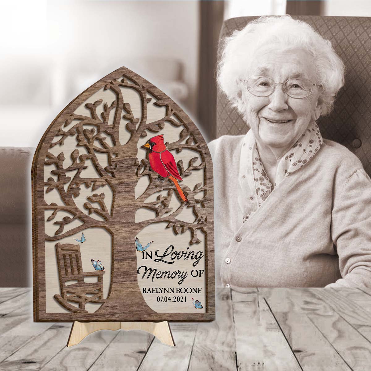 In Loving Memory Memorial Chair Red Cardinal - Personalized Memorial 2 Layered Wood Sign / Wood Plaque