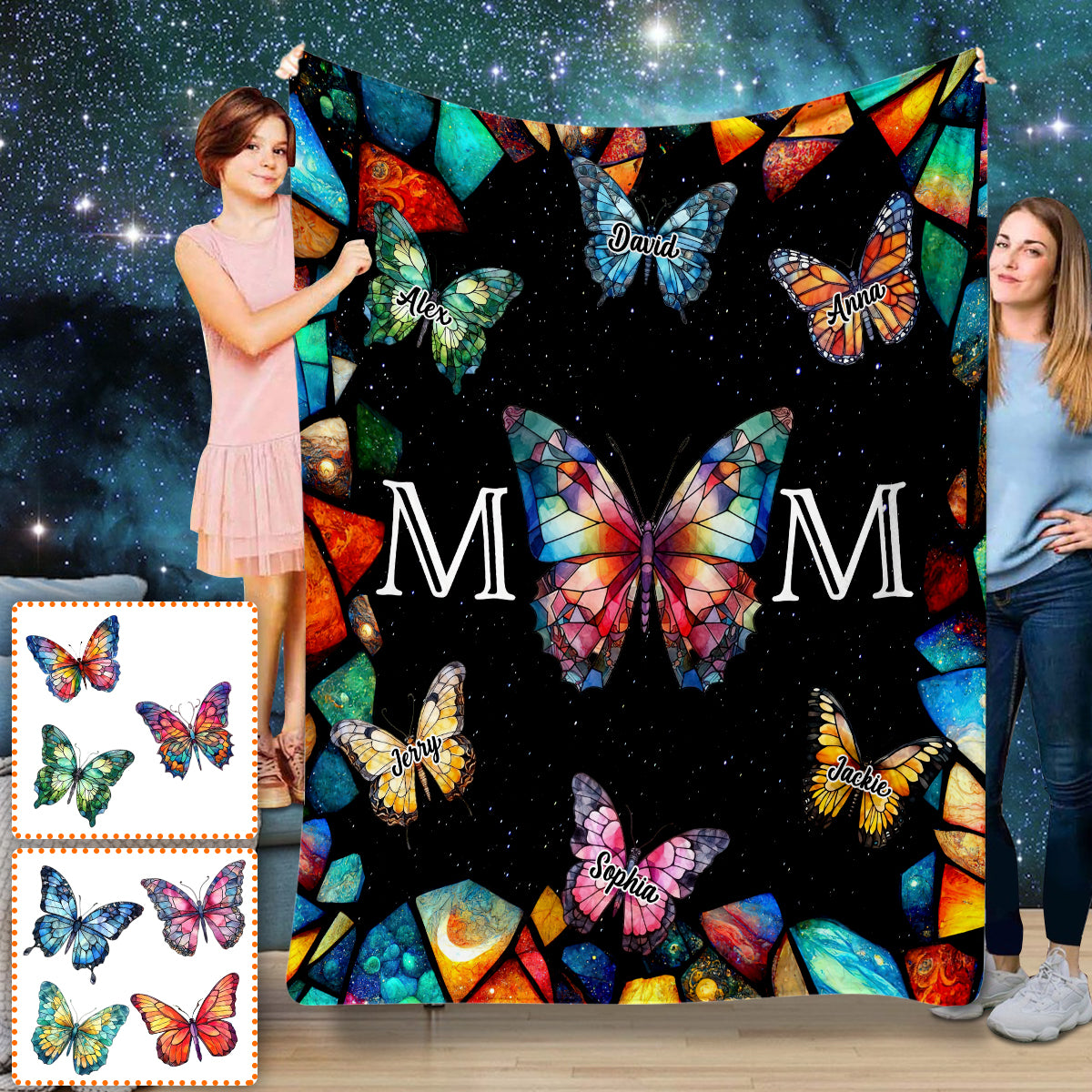Mom Stained Glass Colorful Butterfly - Personalized Mother Blanket