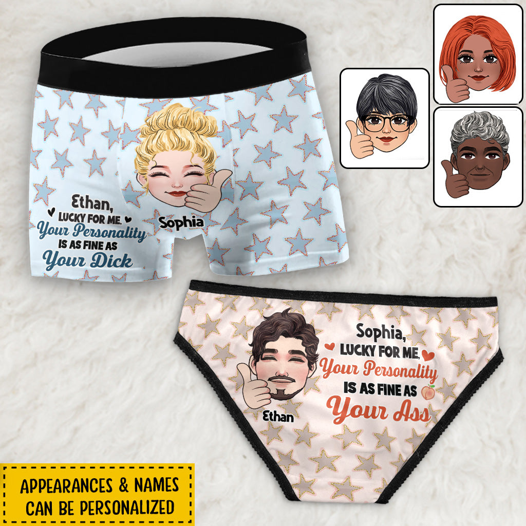 Lucky For Me Custom Portrait Couple - Personalized Couple Lace Border Women Briefs And Men’s Boxer Briefs