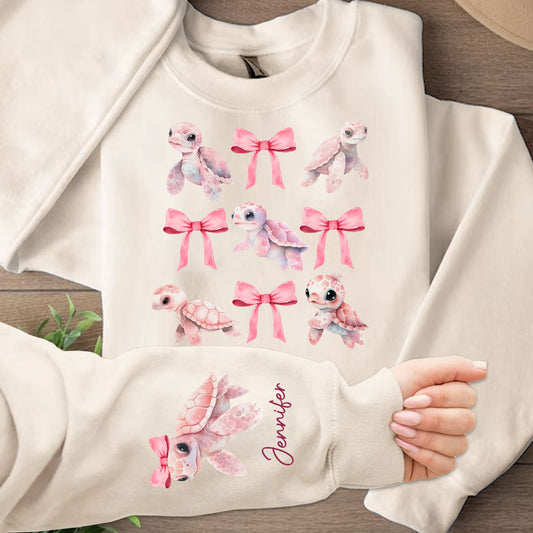 Pink Ribbon Coquette Bow Watercolor Turtle - Personalized Turtle All Over Shirt