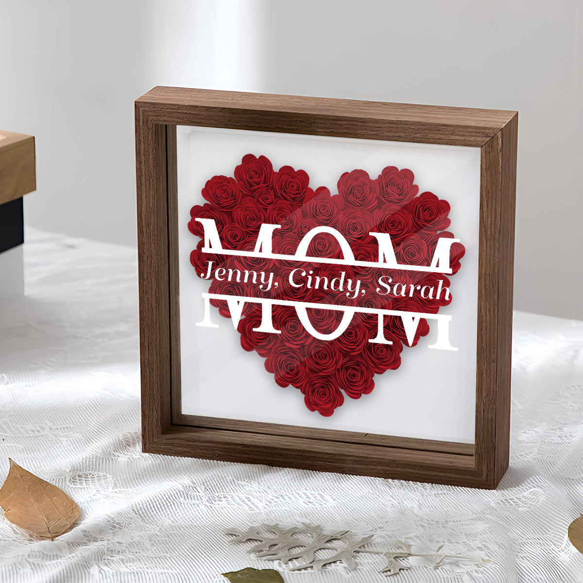 Mom We Love You Rose Heart - Personalized Mother Flower Shadow Box