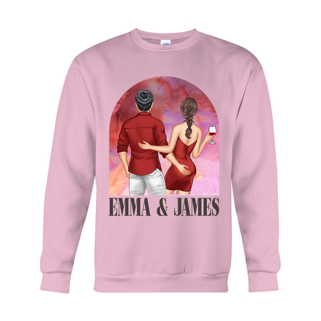 Pink Movie Background Couple - Personalized Couple T-shirt And Hoodie