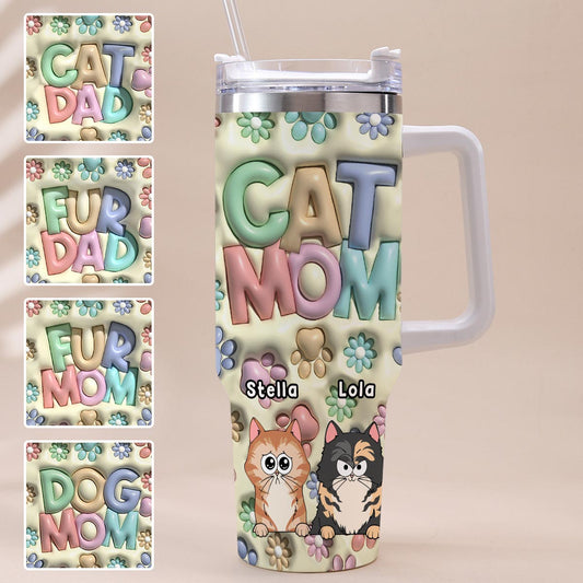 Pet Mom/ Pet Dad Inflated Paws & Flowers - Personalized Dog Tumbler With Handle
