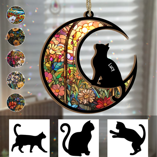 Katzen-Silhouette im Buntglas-Design – Personalisierter Katzen-Sonnenfänger