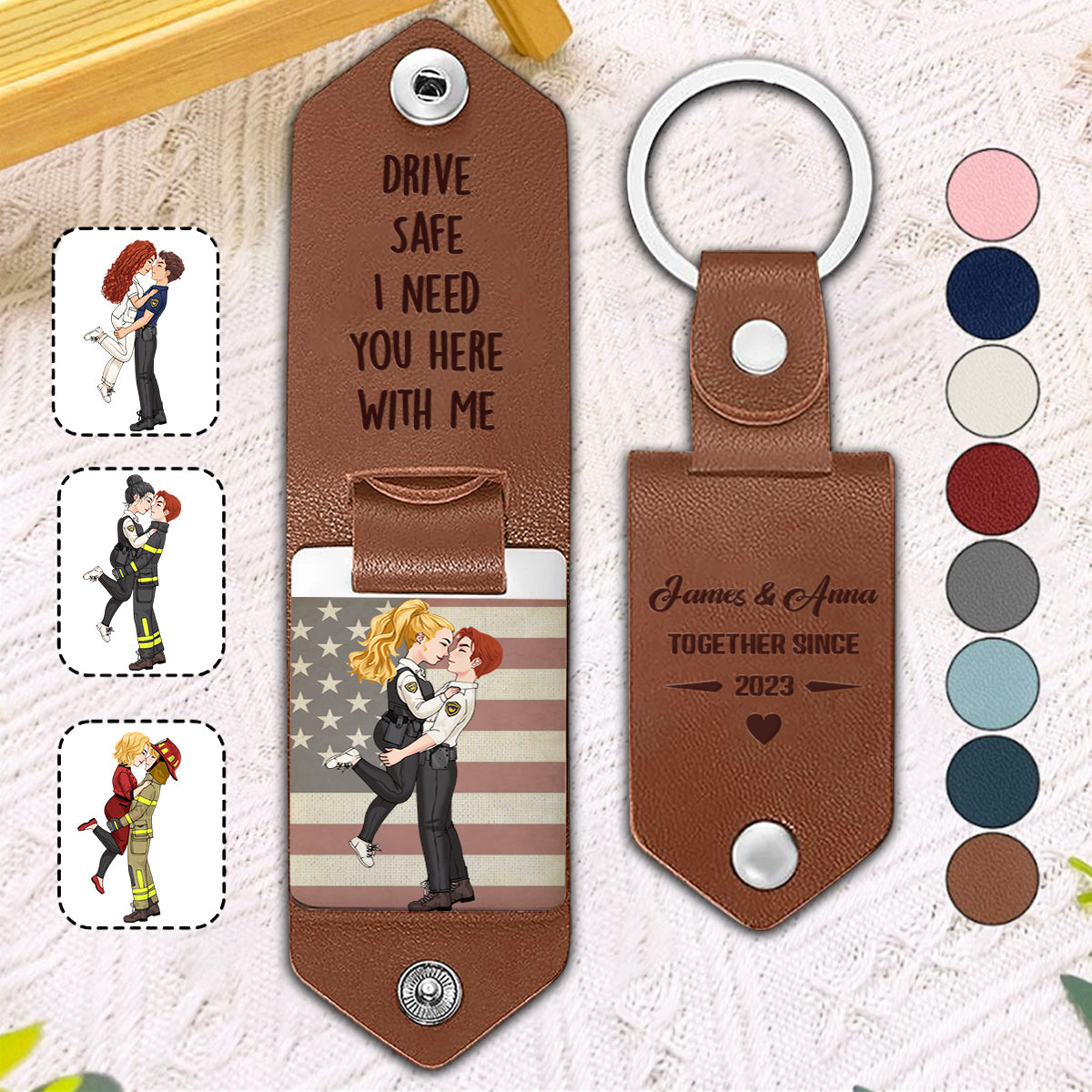 Drive Safe I Need You Here With Me - Personalized Couple Leather Photo Keychain