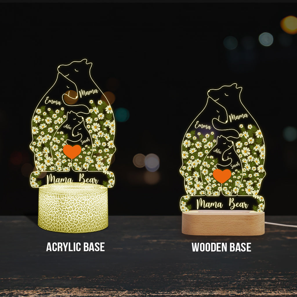 Floral Mama Bear And Cubs Hugging - Personalized Mother Shaped Plaque Light Base