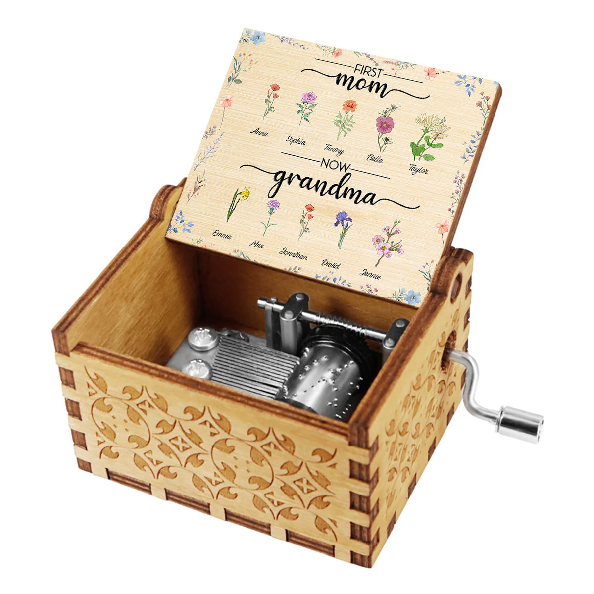 First Mom Now Grandma Any Name & Number Of Kids With Personalized Birth Flowers - Personalized Grandma Hand Crank Music Box