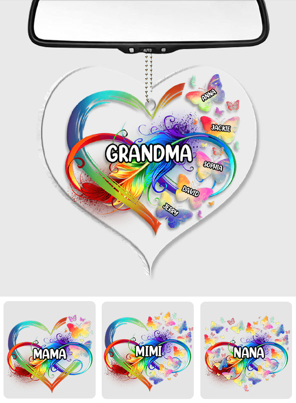 Grandma Colorful Heart Infinite Feather Butterfly - Personalized Grandma Transparent Car Ornament