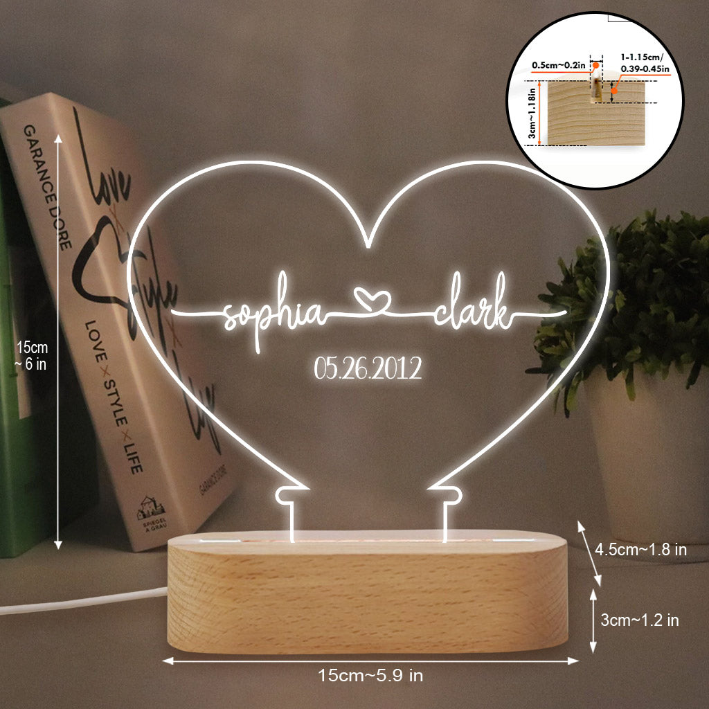 Any Name And Date - Personalized Couple Shaped Plaque Light Base