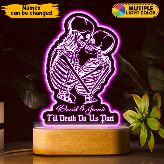 Plaque décorative personnalisée « Jusqu'à ce que la mort nous sépare » avec squelette de couple et socle lumineux en forme de crâne