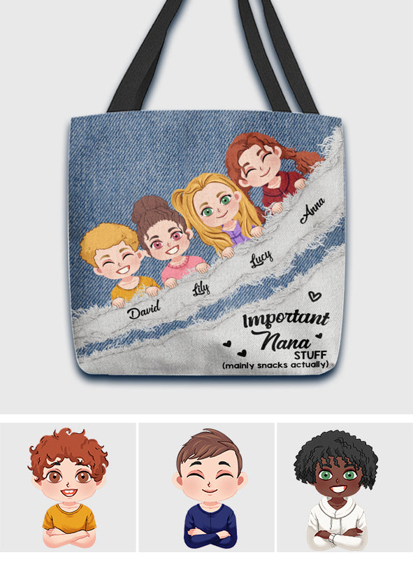 Important Nana Stuff Denim Pattern - Personalized Grandma Tote Bag