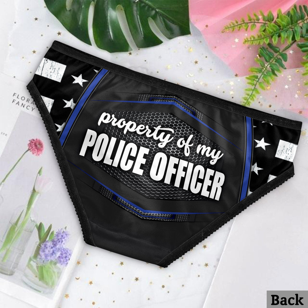 Ich liebe die Polizei – Personalisierte Damen-Slips und Herren-Boxershorts mit Polizeimotiv-Spitzenbordüre
