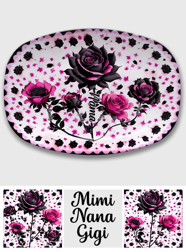 Mother Grandma And Children Black And Pink Roses - Personalized Grandma Plate