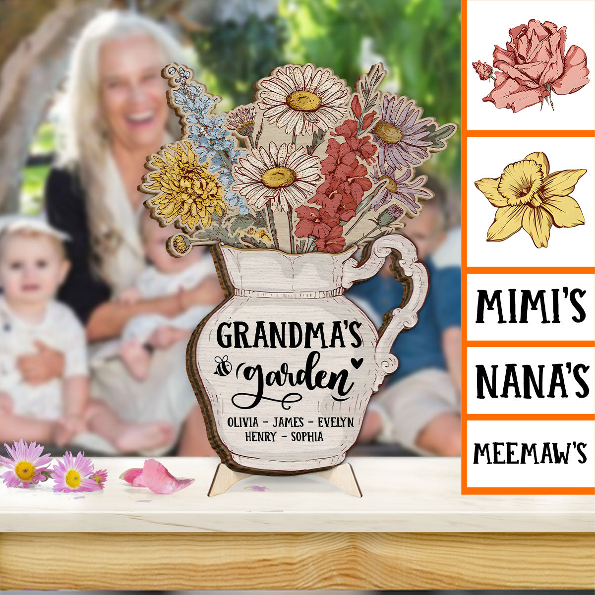 Grandma's Garden Birth Flowers Vase - Personalized Grandma 2 Layered Wood Sign / Wood Plaque