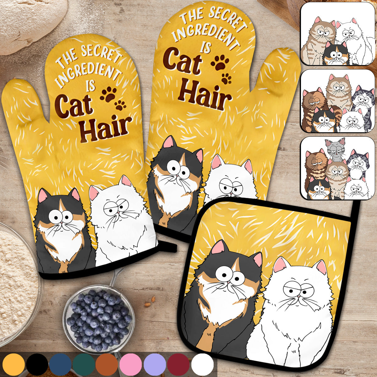 L'ingrédient secret ? Les poils de chat ! – Ensemble de maniques et de gants de cuisine personnalisés à l'effigie de chats