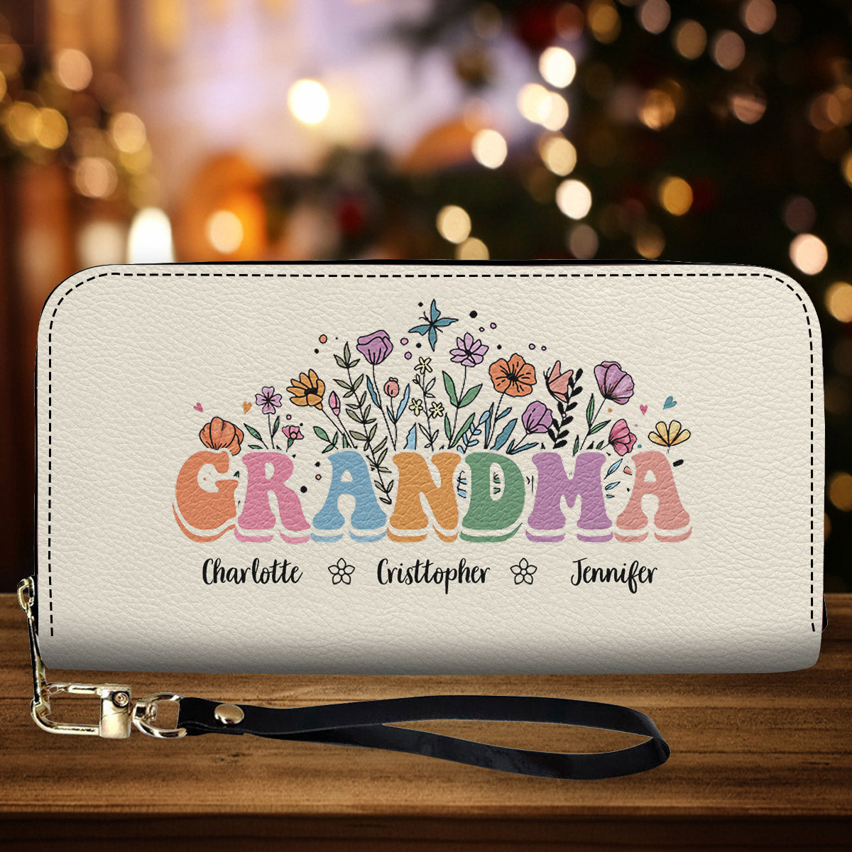 Portefeuille long en cuir personnalisé « Maman Grand-mère Floral »