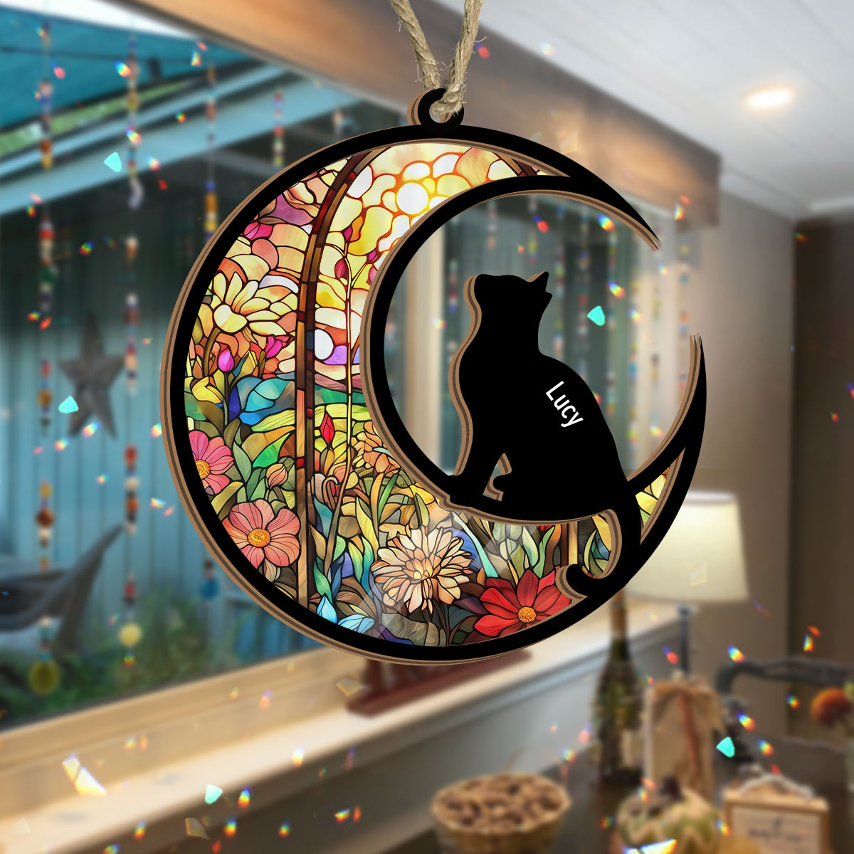 Silhouette de chat en vitrail - Attrape-soleil chat personnalisé